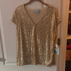CeCe Sparkling Gold Short Sleeve Top